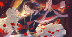  2girls belt blonde_hair brown_hair couple curtains dancing falling_petals hand_on_another's_shoulder highres holding_hands light_rays light_smile military_uniform multiple_girls petals red_eyes rose_petals saijou_claudine shoujo_kageki_revue_starlight shoulder_pads sparkle_background tendou_maya violet_eyes yellow_belt yuri 