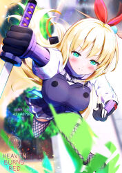  1girl blonde_hair blush commentary_request fingerless_gloves gloves green_eyes heaven_burns_red holding holding_sword holding_weapon kanzaki_adelheid katana long_hair ninja reiji_0 sword weapon 