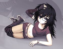  1girl absurdres black_nails black_socks blue_eyes boots bracelet breasts commentary converse crop_top denim denim_shorts elbow_gloves emo_fashion expressionless glasses gloves grey_background hand_on_own_head hashtag-only_commentary highres jewelry knee_boots kneehighs loberbutcher looking_at_viewer lying medium_breasts midriff nail_polish navel on_side original red_socks shorts single_elbow_glove socks solo spiked_bracelet spikes striped_clothes striped_socks two-tone_socks untranslatable_commentary zoom_layer 