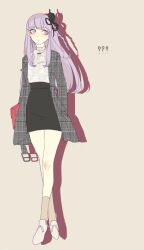  1girl ? ?? alternate_costume black_jacket black_skirt braid brown_socks chiyo_(min0yoko) closed_mouth commentary_request crossed_legs danganronpa:_trigger_happy_havoc danganronpa_(series) drop_shadow eyelashes full_body grey_background high-waist_skirt jacket kirigiri_kyoko long_hair open_clothes open_jacket purple_hair red_bag shirt shoes side_braid simple_background single_braid skirt socks solo violet_eyes white_shirt white_shoes 