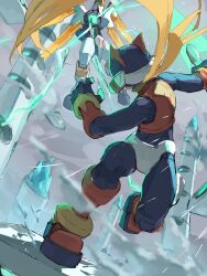  absurdres arm_cannon armor blonde_hair character_request commentary_request energy_sword helmet highres holding holding_sword holding_weapon long_hair mega_man_(series) mega_man_zero_(series) omochi_(mochi_skymega) pegasus red_armor red_helmet robot_horse sword weapon z_saber 