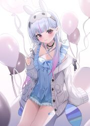  1girl :d absurdres animal_ears balloon bandaid bandaid_on_leg bare_legs black_choker black_ribbon blue_hair blue_ribbon blue_shirt blue_shorts blush buttons choker commentary dot_nose eye_mask fake_animal_ears frilled_shirt frilled_shorts frills from_above hair_ornament hair_over_shoulder hairclip hand_up head_tilt heart highres holding holding_balloon jacket jewelry k2_(jack_lin) legs long_sleeves looking_at_viewer mask multicolored_eyes multicolored_hair necklace off_shoulder open_clothes open_jacket parted_lips pink_eyes pocket purple_hair rabbit_ears ribbon shirt short_shorts shorts simple_background single_off_shoulder sitting sleeves_past_fingers sleeves_past_wrists smile solo streaked_hair thick_eyebrows thigh-highs too_many_balloons tosaki_mimi tosaki_mimi_(7th_costume) untranslatable_commentary violet_eyes virtual_youtuber vspo! white_background 