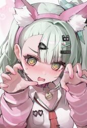  1girl @_@ absurdres animal_ear_fluff animal_ear_hairband animal_ears arm_warmers blush breast_pocket collar collared_shirt commentary fake_animal_ears green_eyes green_hair hair_ornament hairband hairclip hands_up highres necktie open_mouth paw_pose pink_arm_warmers pink_hairband pink_nails pocket red_necktie shirt solo striped_arm_warmers sunna_(zenless_zone_zero) swimsuit tearing_up upper_body white_shirt zenless_zone_zero zije 