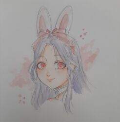 1girl animal_ears bow cherry_blossoms choker cropped_shoulders flower frilled_choker frills grey_hair hair_bow hair_flower hair_ornament hairband highres lolita_hairband long_hair nikki_(series) nonoberry22 petals pink_bow pink_hairband rabbit_ears shining_nikki sidelocks solo stylist_(nikki) traditional_media wavy_hair white_choker 
