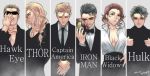  1girl 5boys avengers breasts bruce_banner cleavage clint_barton formal helmet hh_(hhsis2) iron_man marvel multiple_boys natasha_romanoff necktie steve_rogers suit thor_(marvel) tony_stark 