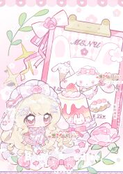  1girl absurdres animal animal_ear_legwear animal_ears blonde_hair blush chibi chibi_only closed_mouth dress floppy_ears flower food frilled_dress frilled_hairband frilled_sleeves frilled_wrist_cuffs frills fruit full_body hair_ornament hairband hairclip highres holding holding_menu long_hair menu original pink_dress pink_eyes pink_flower pink_hairband pink_shoes pudding rabbit rabbit_ear_legwear rabbit_ears rabbit_girl shoes short_sleeves solo standing strawberry thigh-highs watermark white_thighhighs wrist_cuffs x_hair_ornament yikemaohetao 