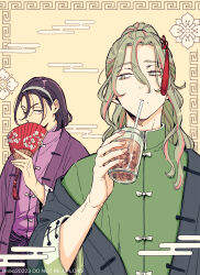  2boys alternate_costume black_hair blue_eyes bubble_tea chinese_clothes commentary cup disposable_cup drinking_straw drinking_straw_in_mouth folding_fan green_eyes green_hair hairband hand_fan high_ponytail highres long_hair long_sleeves looking_at_another loose_hair_strand makishima_yuusuke male_focus mole mole_under_eye mole_under_mouth multicolored_hair multiple_boys niko20223 one_eye_closed pink_hair ponytail short_hair streaked_hair tassel toudou_jinpachi two-tone_hair untranslatable_commentary upper_body wavy_hair white_hairband yowamushi_pedal 