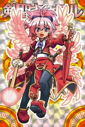  1girl absurdres bellzelute_(126698) black_pantyhose bow capelet carol_(shinrabanshou) child commentary_request dual_wielding earrings gold_trim hair_between_eyes hair_bow heart heart_earrings highres holding holding_sword holding_weapon jewelry multiple_wings open_mouth pantyhose pink_hair pink_wings ponytail purple_bow purple_shirt red_capelet red_shoes red_skirt sheath shinrabanshou shirt shoes short_hair skirt solo sword violet_eyes weapon wings 