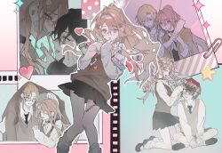  1girl 4boys ;d ^_^ ankle_socks artist_request bandaid bandaid_on_face bandaid_on_nose black_collar black_hair black_hoodie black_necktie black_shoes black_skirt blonde_hair blue_eyes blush body_writing box box_of_chocolates brown-framed_eyewear brown_hair brown_jacket brown_shirt brown_vest chinese_commentary cigarette closed_eyes collage collar commentary_request commission cross cross_necklace dating degrees_of_lewdity double-parted_bangs dress dress_shirt embarrassed eyebrow_piercing face_piercing fish_skeleton_hair_ornament floating_clothes floating_hair gag green_eyes hair_between_eyes hair_intakes hair_ornament happy head_wreath heart hetero high_ponytail highres holding holding_umbrella holding_unworn_clothes holding_unworn_jacket hood hood_up hoodie improvised_gag improvised_umbrella indian_style jacket jacket_over_head jewelry kneehighs kneeling kylar_(degrees_of_lewdity) kylar_(male)_(degrees_of_lewdity) loafers long_hair long_sidelocks long_sleeves looking_ahead looking_at_another looking_at_viewer loose_socks low_ponytail male_yandere mary_janes miniskirt multiple_boys multiple_views necklace necktie nervous one_eye_closed open_collar open_mouth outline pale_skin photo_(object) piercing player_character_(degrees_of_lewdity) player_character_(female)_(degrees_of_lewdity) pleated_skirt polaroid_photo ponytail rain robin_(degrees_of_lewdity) robin_(male)_(degrees_of_lewdity) scared school_uniform second-party_source semi-rimless_eyewear shared_improvised_umbrella shirt shoes short_hair side_ponytail sidelocks simplified_chinese_commentary sitting skirt sleeves_past_wrists slit_pupils smile smoking socks sparkle sweatdrop swept_bangs sydney_(degrees_of_lewdity) sydney_(male)_(degrees_of_lewdity) tape tape_gag tareme tearing_up twirling_hair umbrella under-rim_eyewear unworn_jacket valentine vest violet_eyes white_dress white_outline white_socks whitney_(degrees_of_lewdity) whitney_(male)_(degrees_of_lewdity) wing_collar wolf_cut x_hair_ornament yandere yellow_eyes 