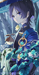  1boy 1girl absurdres anemo_symbol_(genshin_impact) animal_on_shoulder aqua_gem aqua_kimono aranara_(genshin_impact) arm_at_side bird bird_on_shoulder black_bodysuit black_bow black_shorts blue_cape blue_hat blue_jingasa blue_sleeves blunt_ends bodysuit bow bright_pupils bush cape colored_inner_hair commentary_request creature detached_sleeves eyeliner feathers finch gem genshin_impact gold green_hair green_sleeves hat highres iwoarazumi129 japanese_clothes jingasa juban kimono layered_sleeves leaf long_hair makeup mandarin_collar multicolored_hair nahida_(genshin_impact) open_clothes open_kimono open_mouth outdoors parted_bangs pom_pom_(clothes) rain red_eyeliner scaramouche_(genshin_impact) short_sleeves shorts shoulder_peek side_cape side_ponytail sidelocks single_bare_shoulder tassel tree tsurime upper_body violet_eyes vision_(genshin_impact) wanderer_(genshin_impact) wet white_kimono white_pupils white_sleeves white_trim yellow_feathers 