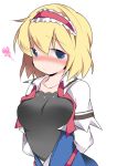  1girl alice_margatroid arms_behind_back blonde_hair blue_eyes blush breasts camisole capelet commentary_request hairband hammer_(sunset_beach) looking_at_viewer open_clothes short_hair simple_background solo touhou white_background 