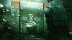  1girl android bathroom black_hair blood blood_on_armor blood_on_face blue_eyes bsk_58102942 elster_(signalis) faucet hashtag-only_commentary highres indoors mirror reflection short_hair signalis sink solo standing third-party_source upper_body 