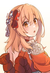  1girl :o alternate_hairstyle artist_name blonde_hair blush choker commentary english_commentary eyeliner genshin_impact hadanugi_dousa hair_down hair_ornament highres japanese_clothes kibashiba kimono looking_at_viewer looking_back makeup medium_hair orange_eyes orange_kimono red_choker red_eyeliner rope sash shimenawa simple_background single_bare_shoulder solo upper_body white_background yoimiya_(genshin_impact) yukata 