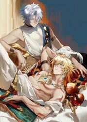  2boys absurdres alternate_costume ancient_greek_clothes antenna_hair arm_tattoo black_choker blonde_hair blue_eyes bracelet braid chest_tattoo chiton choker earrings facial_tattoo gold_bracelet gold_earrings gold_necklace gradient_hair greco-roman_clothes hashtag-only_commentary highres honkai:_star_rail honkai_(series) jewelry male_focus medium_hair multicolored_hair multiple_boys mydei_(honkai:_star_rail) necklace parted_bangs phainon_(honkai:_star_rail) red_hair red_tattoo short_hair side_braid tattoo white_hair yellow_eyes yuu4127 