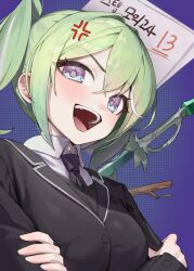  1girl absurdres anger_vein apopo black_jacket black_necktie black_sweater collared_shirt commentary crossed_arms dithered_background double-parted_bangs green_hair hair_intakes highres jacket korean_text long_sleeves looking_at_viewer looking_down medium_hair multicolored_eyes necktie open_mouth paper purple_background school_uniform shirt solo stellive sweater sword test_score translation_request twintails two-tone_eyes untranslatable_commentary upper_body v-neck violet_eyes virtual_youtuber weapon white_shirt wing_collar yuzuha_riko 