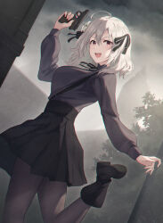  1girl :d ankle_boots black_boots black_ribbon black_skirt boots breasts brown_pantyhose clouds cloudy_sky commentary_request double-parted_bangs dutch_angle flower fog from_side grey_shirt gun hair_between_eyes hair_ribbon handgun high-waist_skirt high_heel_boots high_heels highres holding holding_gun holding_weapon leg_up lily_(spy_kyoushitsu) long_sleeves looking_at_viewer looking_to_the_side medium_breasts medium_hair miniskirt neck_ribbon nuenue open_mouth pantyhose pleated_skirt ribbon shirt skirt sky smile solo spy_kyoushitsu suspender_skirt suspenders teeth turtleneck turtleneck_shirt upper_teeth_only violet_eyes weapon weapon_request white_flower white_hair white_lily 