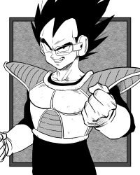  1boy armor collarbone commentary_request dragon_ball dragon_ball_z evil_grin evil_smile gloves greyscale grin hatching_(texture) highres lee_(dragon_garou) male_focus monochrome official_style saiyan_armor scouter shoulder_armor smile solo toriyama_akira_(style) vegeta widow's_peak 