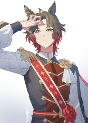  ahoge animal_ears brooch brown_hair closed_mouth commentary_request ear_flower ear_ornament epaulettes flower flower_brooch four-pointed_star gradient_hair hand_on_own_head highres horse_ears horse_girl jacket jewelry long_sleeves looking_at_viewer matoi_sakuretsu multicolored_hair print_sash red_hair red_sash rose_kingdom_(umamusume) sash short_hair simple_background single_epaulette two-tone_hair umamusume upper_body vertical-striped_sleeves white_background 
