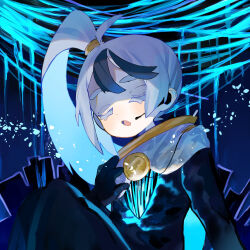  1boy black_gloves cape closed_eyes commentary distortion_(project_moon) earpiece gloves gold_trim highres library_of_ruina long_hair microphone mochigome_138 open_mouth project_moon side_ponytail solo string untranslatable_commentary very_long_hair white_cape white_hair yan_vismok 