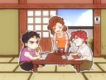  1girl 2boys apron black_hair brown_hair chibi drink imaru_(yashiro19950425) jojo_no_kimyou_na_bouken kakyouin_noriaki kotatsu kuujou_holly kuujou_joutarou multiple_boys redhead table 