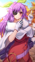  1girl autumn autumn_leaves belt blue_sky blush breasts capelet commentary_request day dress eating eyepatch frown gloves green_ribbon hair_over_one_eye hair_ribbon highres impossible_clothes impossible_dress large_breasts leaf long_hair looking_at_viewer official_alternate_costume one_eye_covered outdoors pointing pointing_up purple_belt purple_hair red_dress red_eyes ribbon sky solo standing straight_hair touhou touhou_lostword upper_body v-shaped_eyebrows watatsuki_no_yorihime watatsuki_no_yorihime_(peace_temple_of_modesty_and_devotion) white_capelet white_gloves yosshy 