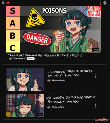  1boy 1girl :d =_= artist_name beads blue_eyes blue_ribbon blunt_bangs blush chinese_clothes commentary english_commentary english_text fake_screenshot freckles furrowed_brow green_hair green_hanfu green_robe hair_beads hair_ornament hair_ribbon hanfu jinshi_(kusuriya_no_hitorigoto) kusuriya_no_hitorigoto long_hair maomao_(kusuriya_no_hitorigoto) multi-tied_hair mushroom purple_hair ribbon robe smile snake spatziline thumbs_up tier_list violet_eyes youtube 