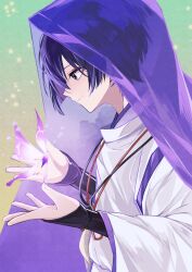  1boy absurdres armor blunt_ends closed_mouth clothing_cutout colored_inner_hair crystalfly_(genshin_impact) eyelashes eyeliner feathers fingernails from_side genshin_impact green_background hands_up highres iwoarazumi129 japanese_armor japanese_clothes kariginu kimono kote kurokote long_sleeves makeup male_focus multicolored_hair open_hands profile purple_hair purple_kimono purple_sleeves purple_veil red_eyeliner scaramouche_(genshin_impact) scaramouche_(kabukimono)_(genshin_impact) shoulder_cutout sideways_mouth smile solo string tsurime veil violet_eyes white_sleeves wide_sleeves yellow_feathers 