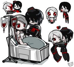 2girls :t ;d android ariane_yeong bandaged_arm bandages bed black_hat blood blood_bag blood_on_face blue_eyes chibi chibi_only dress elster_(signalis) eve_(everotten) feeding full_body hat highres holding holding_spoon hospital_bed hug iv_stand long_hair multiple_girls multiple_views one_eye_closed open_mouth red_eyes short_hair signalis simple_background skin_seams smile spoon thick_outlines veins white_background white_dress white_hair yuri 