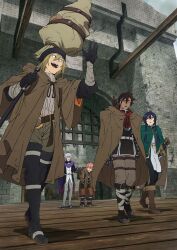  1girl 4boys absurdres belt blonde_hair boots brown_cloak brown_hair castle cloak closed_eyes forbartz_xylo from_below green_cloak grey_hair highres holding hood hooded_cloak key_visual kivia_patausche knee_boots leopool_venetim luzulas_dotta multicolored_hair multiple_boys official_art open_mouth outdoors pink_hair promotional_art short_hair streaked_hair sword thigh_boots tsav_(yuushakei_ni_shosu) violet_eyes walking weapon white_streaks yuushakei_ni_shosu 