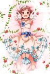  1girl bare_shoulders barefoot brown_eyes brown_hair dress flower gloves hair_ribbon hairband highres idolmaster idolmaster_million_live! jewelry koma_tori lying necklace nonohara_akane on_back open_mouth outstretched_arms ribbon rose smile solo strapless_dress vines 