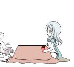  airplane cape comic cushion dress eating holding horns kantai_collection kotatsu long_hair mittens monochrome northern_ocean_hime pocky roshiakouji-chan running school_uniform serafuku shinkaisei-kan silver_hair ta-class_battleship table translation_request white_dress white_hair white_skin yellow_eyes 