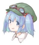  1girl :p akagashi_hagane blue_eyes blue_hair goggles goggles_on_head hair_bobbles hair_ornament hat kawashiro_nitori looking_at_viewer short_hair smile solo tongue tongue_out touhou twintails 