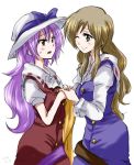  2girls alternate_headwear blue_dress brown_eyes brown_hair dress dress_shirt eye_contact hat hat_removed headwear_removed holding_hands lavender_hair long_hair looking_at_another multiple_girls one_eye_closed open_mouth red_dress red_eyes shirt siblings sisters smile touhou unya watatsuki_no_toyohime watatsuki_no_yorihime 