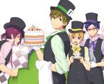  5boys ? blue_eyes blush cake food free! funikurikurara gloves green_eyes hat male matsuoka_rin multiple_boys nanase_haruka_(free!) open_mouth red_eyes redhead ribbon ryuugazaki_rei sharp_teeth short_hair smile tachibana_makoto top_hat vest violet_eyes 