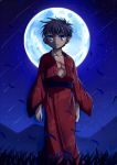  1boy black_hair blue_eyes child expressionless full_moon grass japanese_clothes moon nanaya_shiki night night_sky scar short_hair sky solo toono_shiki tsukihime urako younger 