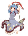  1girl :d ambiguous_red_liquid animal_ears arms_up blue_dress blue_hair blush crescent dress ear_clip kine looking_at_viewer mallet misha_(hoongju) moon_rabbit open_mouth puffy_sleeves rabbit_ears red_eyes seiran_(touhou) short_sleeves smile solo star touhou 