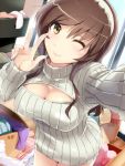  1girl ;) alternate_costume ashigara_(kantai_collection) blush breasts brown_hair cleavage cleavage_cutout cowboy_shot hairband hi-ho- jpeg_artifacts kantai_collection long_hair messy_room one_eye_closed open-chest_sweater ribbed_sweater self_shot smile solo sweater turtleneck v yellow_eyes 