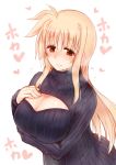  1girl akitsuchi_shien blonde_hair blush breast_hold breasts cleavage cleavage_cutout fate_testarossa heart large_breasts long_hair long_sleeves lyrical_nanoha mahou_shoujo_lyrical_nanoha_strikers open-chest_sweater red_eyes ribbed_sweater shiny shiny_hair shiny_skin smile solo sweater turtleneck 
