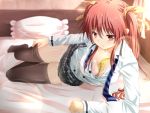  1girl banana between_breasts black_legwear blush brown_eyes downblouse food fruit hair_ribbon highres inu_(mezonsidepark) long_hair looking_at_viewer loose_necktie lying necktie on_bed on_side original pillow pink_background red_eyes redhead ribbon solo thigh-highs twintails undressing 
