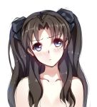 1girl bangs black_bow black_hair blue_eyes blush bow breasts collarbone fate/stay_night fate_(series) hair_bow looking_at_viewer no_bra pout solo toosaka_rin topless twintails upper_body veilrain white_background