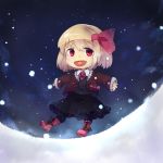  1girl blonde_hair boots chibi hair_ribbon heart heart_in_mouth highres murani pantyhose red_eyes ribbon rumia snow snowing solo touhou winter_clothes 