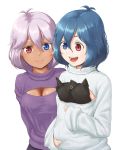  2girls animal_in_clothes animalization blue_hair breasts cat chen chen_(cat) cleavage cleavage_cutout commentary_request dark_skin heterochromia kaenbyou_rin kaenbyou_rin_(cat) karakasa_obake kitano_(kitanosnowwhite) long_sleeves multiple_girls open-chest_sweater open_mouth personification purple_hair ribbed_sweater smile sweater tatara_kogasa tatara_kogasa_(umbrella) touhou turtleneck umbrella 