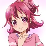  1girl absurdres aida_mana blush dokidoki!_precure face flipped_hair half_updo highres pink_eyes pink_hair precure sharumon shirt short_hair smile solo white_background 