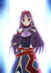  1girl breastplate detached_sleeves fingerless_gloves gloves hairband hand_on_hip highres leotard long_hair negishio pointy_ears purple_hair red_eyes sword_art_online v yuuki_(sao) 