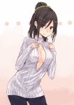  1girl black_hair blue_eyes breasts center_opening cleavage hrd long_hair looking_at_viewer open-chest_sweater original ponytail simple_background solo sweatdrop sweater 