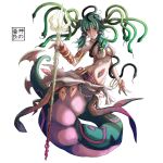  1girl armlet bangle bracelet breasts eudetenis full_body green_hair grin jewelry lamia long_hair medusa monster_girl navel polearm project_ap red_eyes scales simple_background smile snake_hair solo trident twintails weapon white_background 