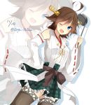  1girl ;d blue_eyes brown_hair frilled_skirt frills hand_on_hip hiei_(kantai_collection) kantai_collection ladle nontraditional_miko one_eye_closed open_mouth plaid plaid_skirt ribbon-trimmed_sleeves ribbon_trim satou_saya short_hair skirt smile solo zoom_layer 