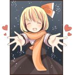  :d ^_^ closed_eyes heart incoming_hug maroinu open_mouth outstretched_arms rumia scarf smile snow solo touhou 