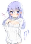  1girl blush cleavage_cutout gochuumon_wa_usagi_desuka? grey_eyes hair_ornament hairclip hand_on_own_chest kafuu_chino long_hair looking_at_viewer open-chest_sweater ribbed_sweater shiina_2265 silver_hair small_breasts solo sweater translation_request turtleneck 