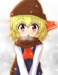  1girl :o ascot beanie blonde_hair blush collared_shirt hair_ribbon hat long_sleeves looking_at_viewer open_mouth red_eyes ribbon rumia scarf short_hair snowing solo teoi_(good_chaos) touhou vest 